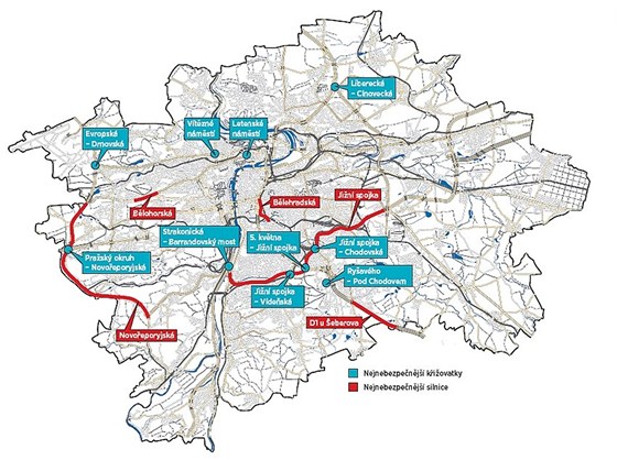 Mapa nehod v Praze za rok 2010