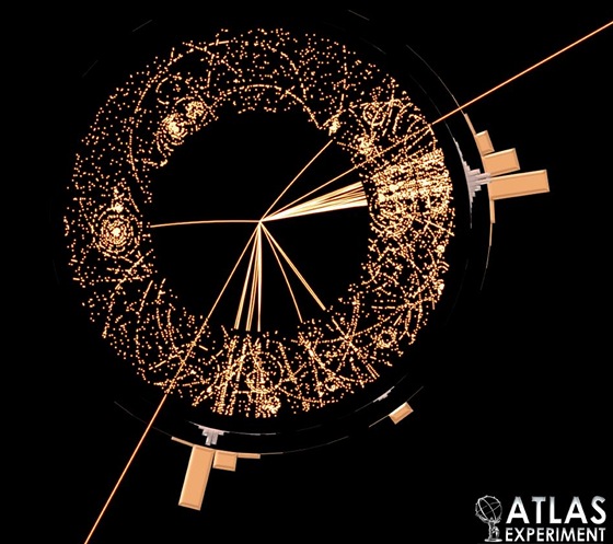 Záznam sráky dvou proton z urychlovae LHC poízený detektorem ATLAS