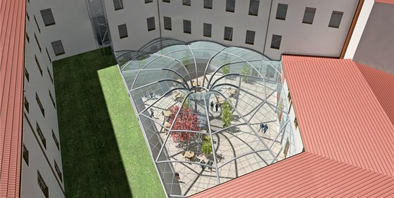 Vizualizace plánované podoby dvora rekonstruovaného barokního Salmova paláce, který má zastřešit skleněná střecha ve tvaru pavučiny.