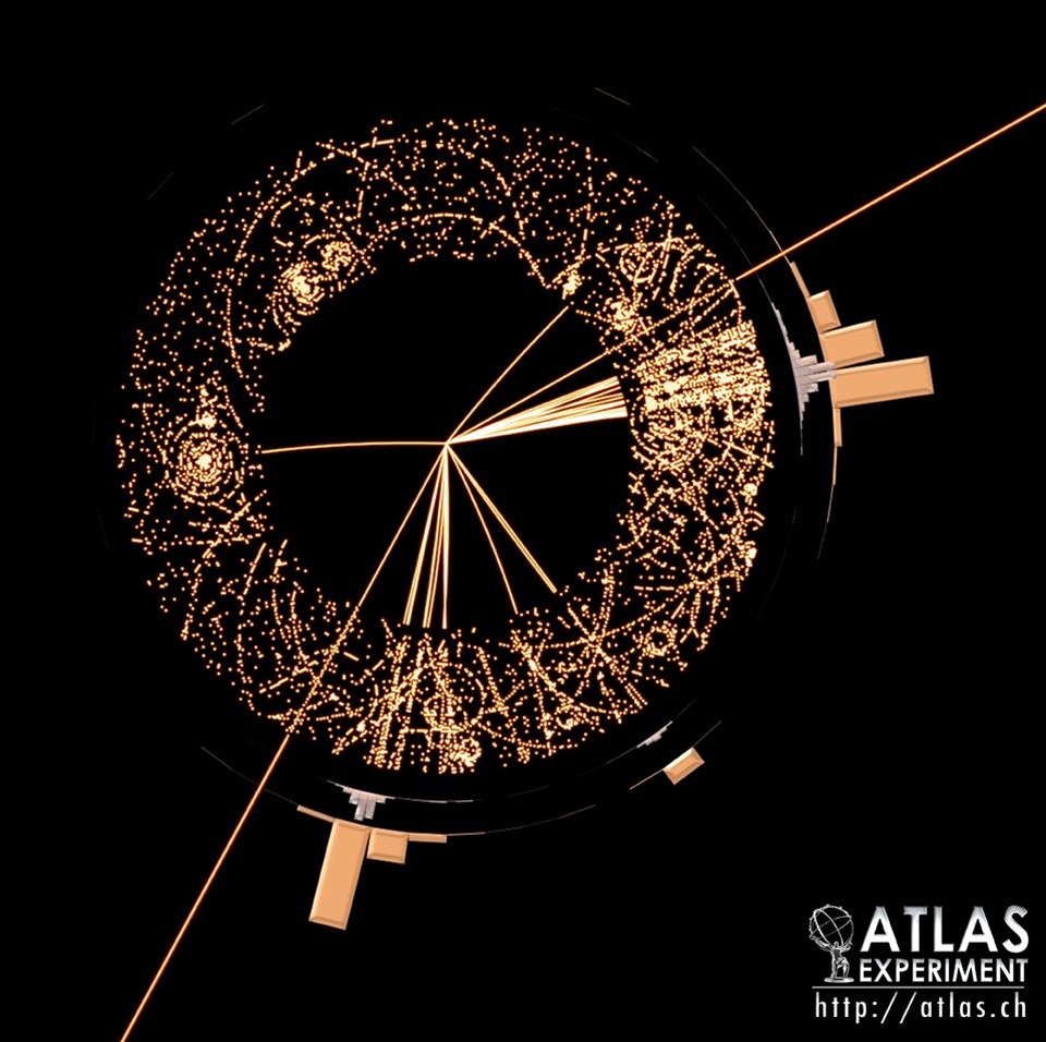 Záznam srá�ky dvou proton� z urychlova�e LHC po�ízený detektorem ATLAS