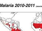 Zóny s výskytem malárie v letech 2010 a 2011
