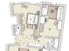 Pdorys bytu: 1/ lonice, 2/ dtský pokoj, 3 + 4/ obývací pokoj s jídelnou a kuchyní, 5/ chodba, 6/ WC, 7/ koupelna + WC, 8/ praka se suikou je umístna ve vestavné skíni