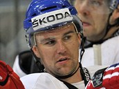 TRÉNINK. Čeští hokejisté se radí na tréninku před zápasem s Kanadou.