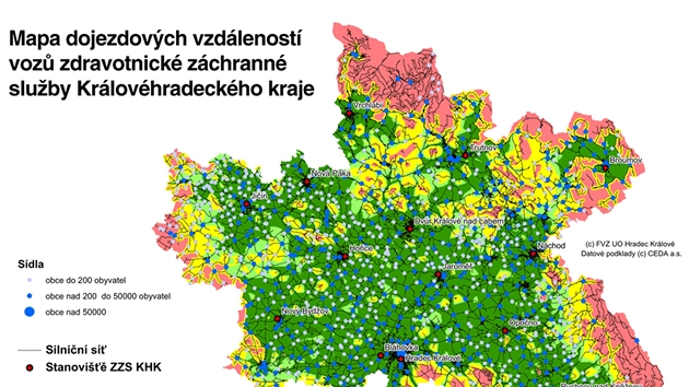 Mapa dojezdových vzdáleností voz zdravotnické záchranné sluby Královéhradeckého kraje