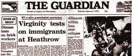 Titulní stránka deníku The Guardian z roku 1979, kdy list poprvé informoval o testech panenství.
