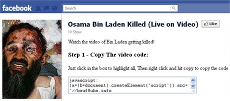 Podvodná stránka tváící se jako Facebook, která láká na ivé zábry ze smrti Bin Ládina