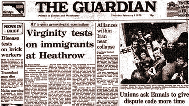 Titulní stránka deníku The Guardian z roku 1979, kdy list poprvé informoval o testech panenství 