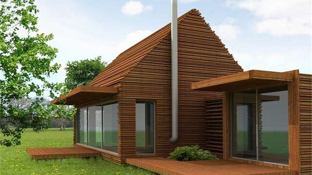 Vizualizace: Zven�í je domek oblo�ený mod�ínovým d�evem.