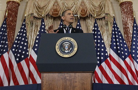 Barack Obama pi projevu k nepokojné situaci na Blízkém východ a v severní Africe. (19. kvtna 2011)