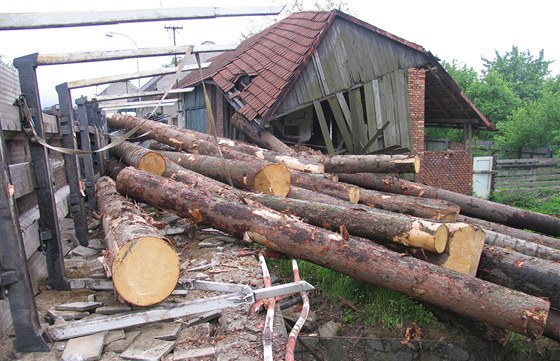 Kmeny uvolněné při nehodě náklaďáku v Osíčku zbořily část stodoly u silnice.