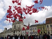 Studenti jihlavsk stedn koly vypustili 1 557 ervench balonk, kter symbolizuj oficiln poet nakaench virem HIV.