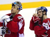 KDYŽ ZNÍ ŠVÉDSKÁ HYMNA... Čeští hokejisté Ondřej Pavelec (31) a Petr Čáslava sledují, jak halou stoupá švédská vlajka.