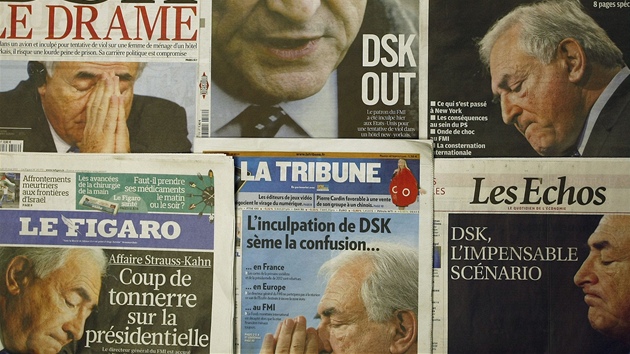 Skoro vechny francouzské deníky se vnují skandálu éfa mnového fondu Dominiqua Strauss-Kahna (16. kvtna 2011) 
