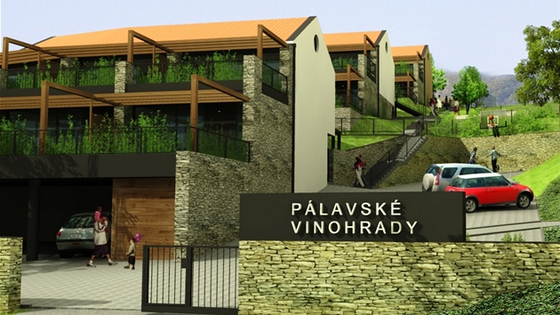 Vizualizace projektu Pálavské vinohrady. Kaskádovité apartmány na vininích svazích nabídnou výhled na jezero. 