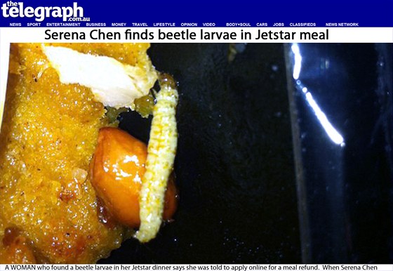 Larva v jídle, které dostala Serena Chanová v letadle společnosti Jetstar.