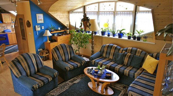 Obývací pokoj má strop obložený dřevem a dvě velká okna.