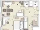 Pdorys bytu: 1/ obývací pokoj, 2/ lonice, 3/ kuchy, 4/ pedsí, 5/ koupelna, 6/ WC