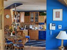 Vpravo je kuchyn a obývací pokoj. Linka je vyrobená na zakázku a spolen s jídelním stolem tvoí písmeno C.