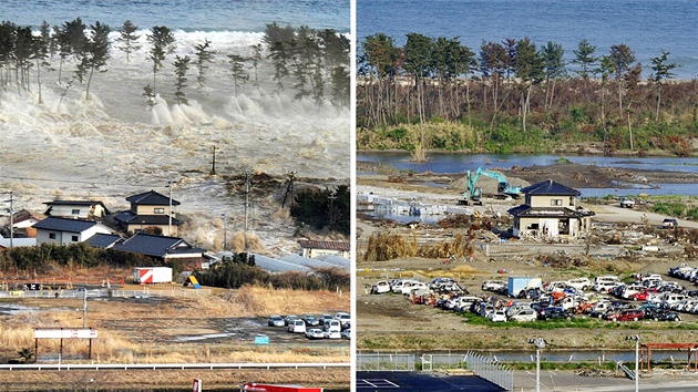 Niivá vlna tsunami se valí na japonské msto Natori...a stejné místo o 3 msíce pozdji