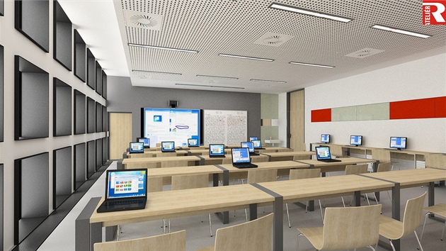 Vizualizace interiéru nového centra Pedagogické fakulty Univerzity Palackého.