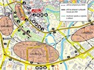 Trasa Olomouckého plmaratonu s vyznaemí místy, kudy se lze dostat z a do vnitní oblasti ohraniené závodem.