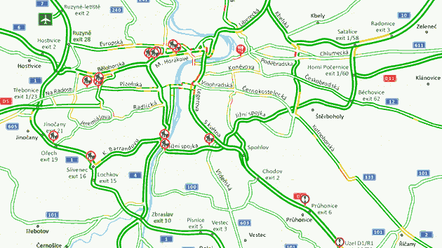 Mapa provozu v Praze v 8:59 bhem stávky dopravních odbor (16. ervna 2011)