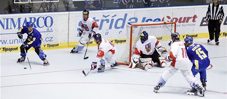 Momentka z utkání MS v in-line hokeji mezi védskem a eskem. 