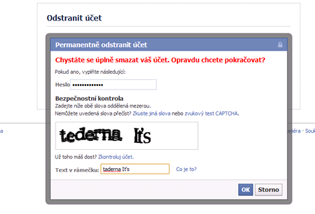 Potvrzen definitivnho odstrann - je teba zadat heslo a CAPTCHA kd.