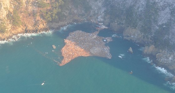 Letecký snímek trosek, které ped v beznu 2011 spláchla vlna tsunami z japonského pobeí.