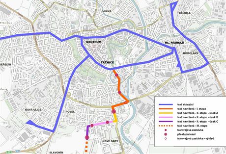 Mapa trasy nov olomouck tramvajov trat na Nov Sady.