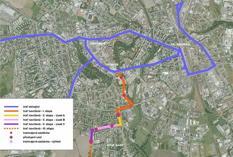 Mapa trasy nov olomouck tramvajov trat na Nov Sady.