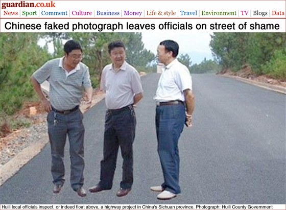 Fotomontá, na které íntí úedníci kontrolují kvalitu nové silnice v Seuanu.
