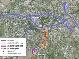 Mapa trasy nové olomoucké tramvajové tratě na Nové Sady.