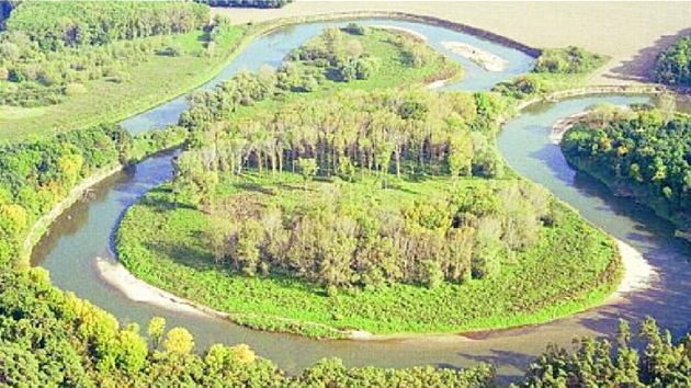 Meandry. Po zániku jezera se �eka Morava za�ala za�ezávat do jeho naplavenin.