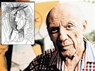 Pablo Picasso a jeho kresba Tete de Femme (Hlava eny) z roku 1965.