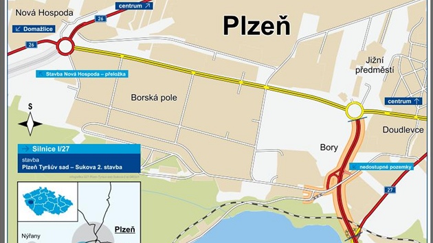 Mapka nového napojení klatovské výpadovky v Plzni na Sukovu ulici
