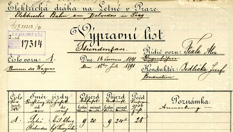 V Národním archivu je uloen výpravní list, dokumentující první jízdu elektrické tramvaje v eských zemích.