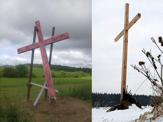 Nový a původní kříž na louce Budínka u Dobronína.