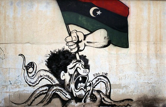 Karikatura Muammara Kaddáfího v Benghází (5. ervence 2011)