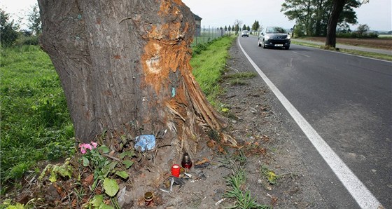 Místo na silnici z Chválkovic do Samotiek, kde v íjnu 2010 zahynula pi