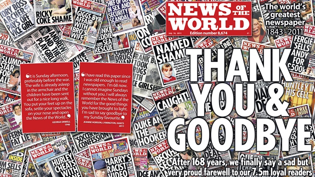 Obálka posledního čísla britského bulváru News of the World (11. července 2011)