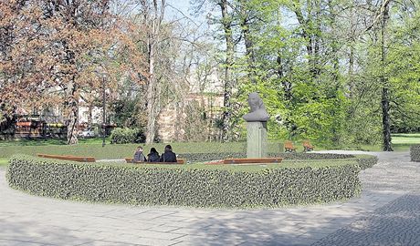 Zvelebení Komenského sad v Ostrav zane co nejdíve. Na snímku vizualizace obnoveného prostranství s bustou Komenského.