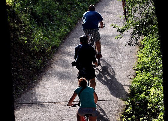 Cyklisté na úzké stezce u Brnnské pehrady nedaleko Sokoláku