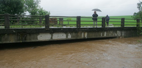 Lidé sledují hladinu z mostu přes Dědinu v Mělčanech u Dobrušky. (22. listopadu