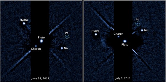 Snímky z Hubbleova teleskopu z června a července 2012 ukazují nový objekt P4,...