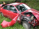 Zcela zdemolovaný vz Alfa Romeo, který po smyku narazil do dvou strom a