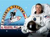 Astronaut Andrew Feustel a krtek Zdeňka Milera - logo kampaně Do kosmu s krtkem