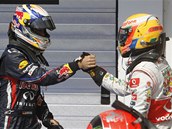 GRATULACE. Lewis Hamilton z McLarenu (vpravo) blahopeje Sebastianu Vettelovi z