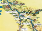 Mapa vodních kanál ve francouzském Gaskosku